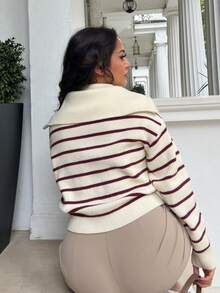 NegzBox 休闲条纹长袖半拉链套头衫秋季 - 酒紅色 - 查看 2