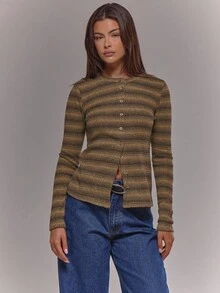 MUSERA Women Tops Stripe Long Sleeve Textured Button Through Long Sleeve Top Spring Summer Holiday - Orange - View 5