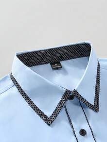 Calvornis 男士撞色饰边前扣休闲商务长袖衬衫 - 淺藍色 - 查看 5