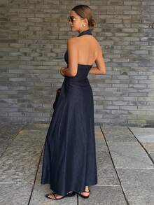 DAZY Women's V-Neck Halter Cinched Waist Long Casual Denim Dress, Summer - Medium Wash - View 5