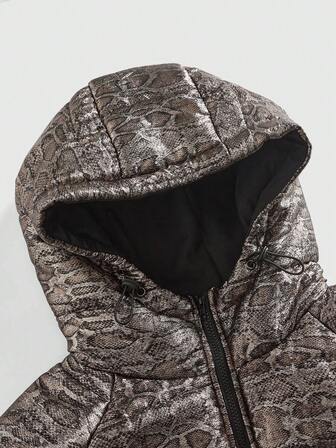 Men's Snake Skin Pattern Raglan Sleeve Zip Front Casual Hooded Winter Jacket