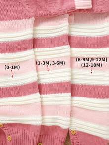 SHEIN 1 件女婴粉色条纹连体衣，圆领长袖蝴蝶结装饰，简约甜美风格，秋冬 - 粉色 - 查看 5