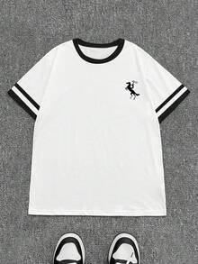 Manfinity Dauomo Kaos Kasual Pria dengan Motif Grafis Blok Warna, Potongan Longgar, Kerah Bulat, Cocok untuk Semua Musim - MultiWarna - View 5
