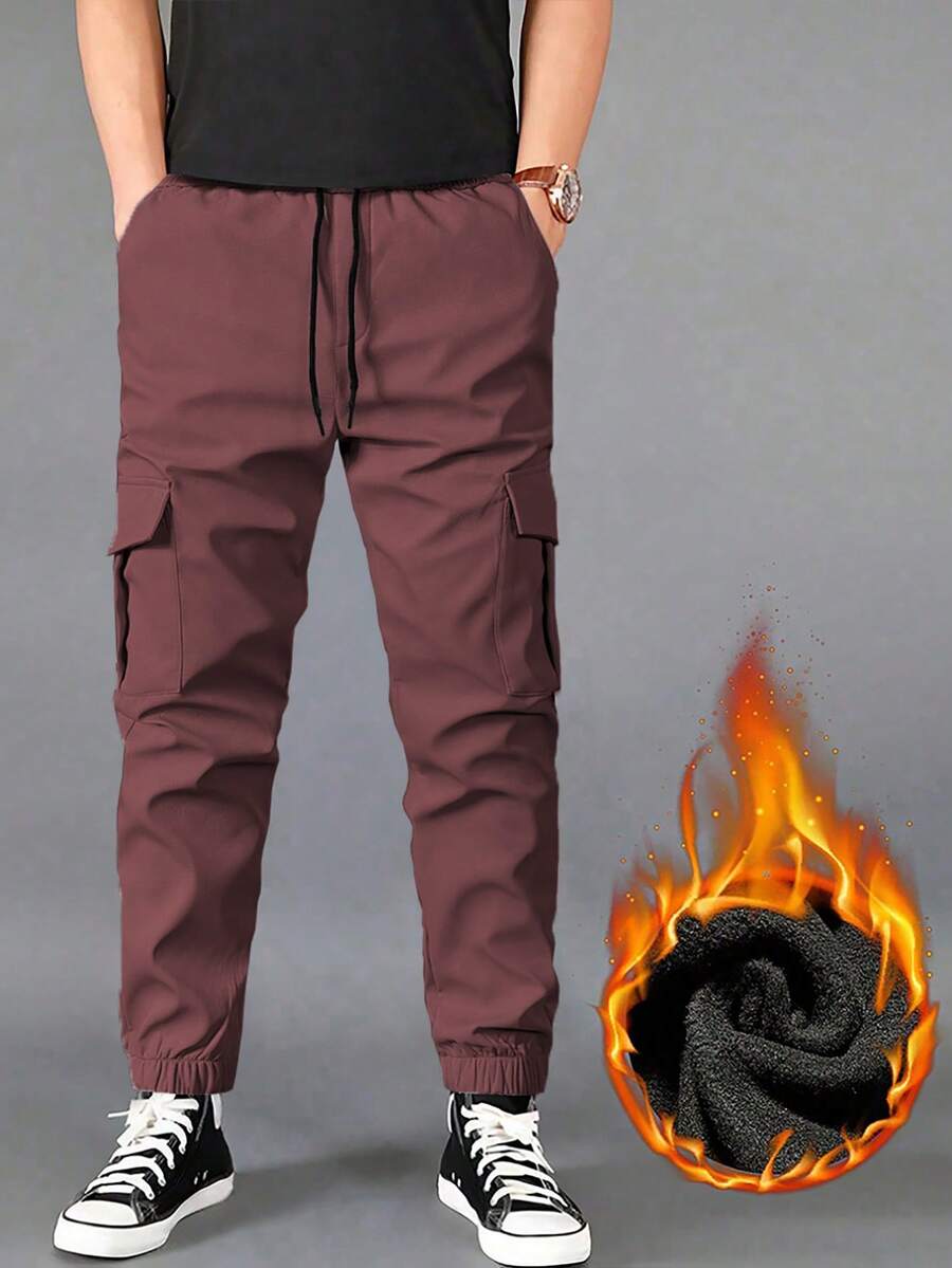 Manfinity Homme Herren Thermisch gefütterte einfarbige Cargohose, modisch & vielseitig für Herbst/Winter, Winterhose für Herren in Braun für Streetwear, tägliche Lässig, Wochenendausflüge, Outdoor-Aktivitäten, Reisen, entspannte Arbeitsumgebungen oder halbformelle Anlässe, Geschenk für Freund/Ehemann, Jahrestags- oder Weihnachtsgeschenk - Bordeaux - Übersicht 1
