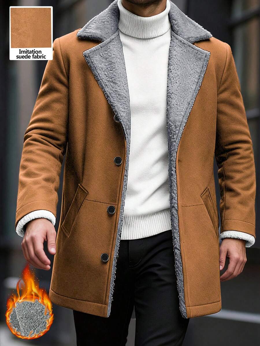 Manfinity Homme 男士保暖内衬长袖外套，前开襟纽扣设计，秋冬季长款棕色外套，适合日常休闲、周末旅行、户外活动、探险旅行、轻松的工作环境或半正式场合，也是送给男友/丈夫、周年纪念日或圣诞节的理想礼物。 - 棕色 - 查看 1