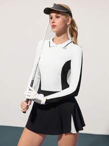 CourtClass Damen Farbblock Polokragen Langarm Top und Mini Rock Golf Outfit - Schwarz und Weiss - Übersicht 6