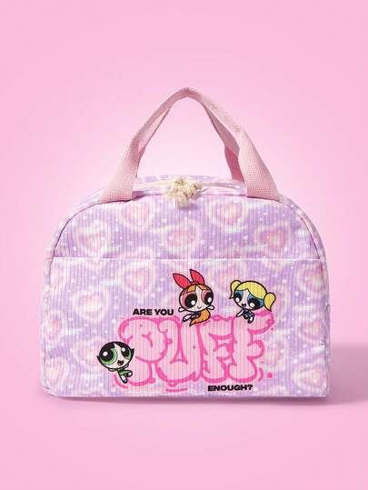 THE POWERPUFF GIRLS X SHEIN 灯芯绒花朵、泡泡、毛茛图案午餐盒袋、加大午餐袋、上班族、学生午餐袋、学院风、色块