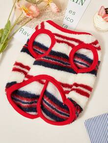 PETSIN 1件宠物猫狗通用时尚红蓝白印花双面弹力毛绒舒适保暖开襟纽扣无袖外套 - 彩色 - 查看 5