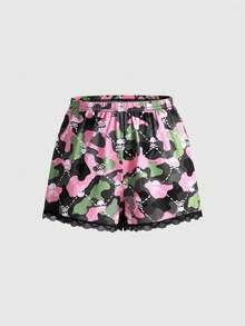 ROMWE Gothic Camouflage Skeleton Lace Button Suspender Shorts Casual Pajama Set - Multicolor - View 5