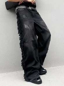 GALLERY FADE 男士流行實色刷毛寬鬆牛仔褲，寬大破洞深色洗水裤，帶口袋簡約黑色出行Y2K情侶裝