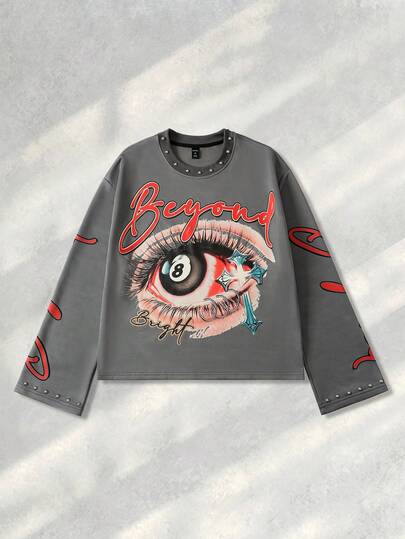 Street Life Sudadera holgada de cuello redondo con estampado de ojos y letras, remaches y mangas acampanadas, estilo casual y callejero, para hombre, primavera/otoño