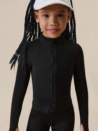 SHEIN 年轻女孩修身黑色运动夹克，适合跑步、健身、篮球、羽毛球、网球，时尚舒适的弹力上衣