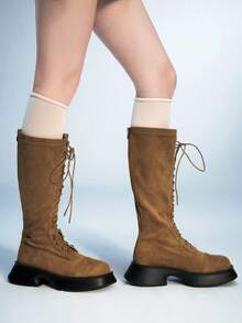 Sugerpunk 修身女式过膝长靴，厚底弹力紧身靴，高筒马靴 - 卡其色 - 查看 6