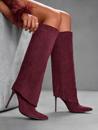 CUCCOO SZL Women's Fashion Suede Metal Decor Wide Leg Pointed Toe Stiletto Knee-High Boots For Christmas Spring Shoes