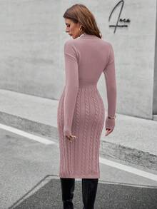 EMERY ROSE Waist-Cinched Long Slit Elegant Women Sweater Dress Fall Winter Cloth For Women - Mauve Purple - View 2