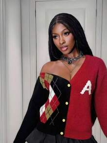 BamGleam Women's Sweater Open-Front Knit Long-Sleeved V-Neck Buttoned Lettered Navy Blue Red Contrasting Red White Khaki Checkered Pattern Regular Fit Casual Travel Vacation Party Women's Clothing For Spring Autumn Summer Winter Fall - Multicolor - View 6