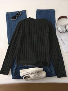 Sparklyn 1pc Women's Classic Cable Knit Pullover Sweater, V-Neck Slim Fit Long Sleeve Regular Thickness Knit Top With Black Horse Embroidery Decor, Comfortable & Versatile For Spring/Autumn, Casual Everyday Wear Youth Sweaters Knit Sweater Cute Sweater Sweater For Teen Young Girl Sweater - Black - View 2