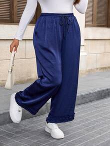 EMERY ROSE Plus Size Women Elegant Casual Wide Leg Stretch Pants - Navy Blue - View 3