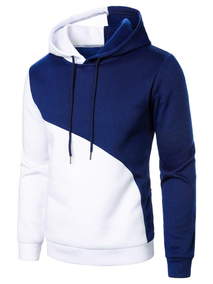 Manfinity Homme 男士休闲撞色拼接连帽衫，秋冬男士连帽衫，蓝色男士连帽衫，休闲男士连帽衫，套头连帽衫，长袖上衣 - 藏蓝色 - 查看 1