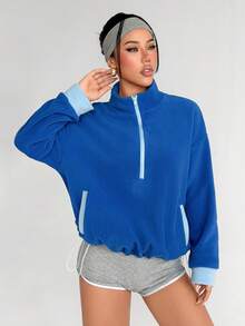 Dewbera 女式撞色落肩长袖拉链半开襟宽松运动衫 - 寶藍色 - 查看 5