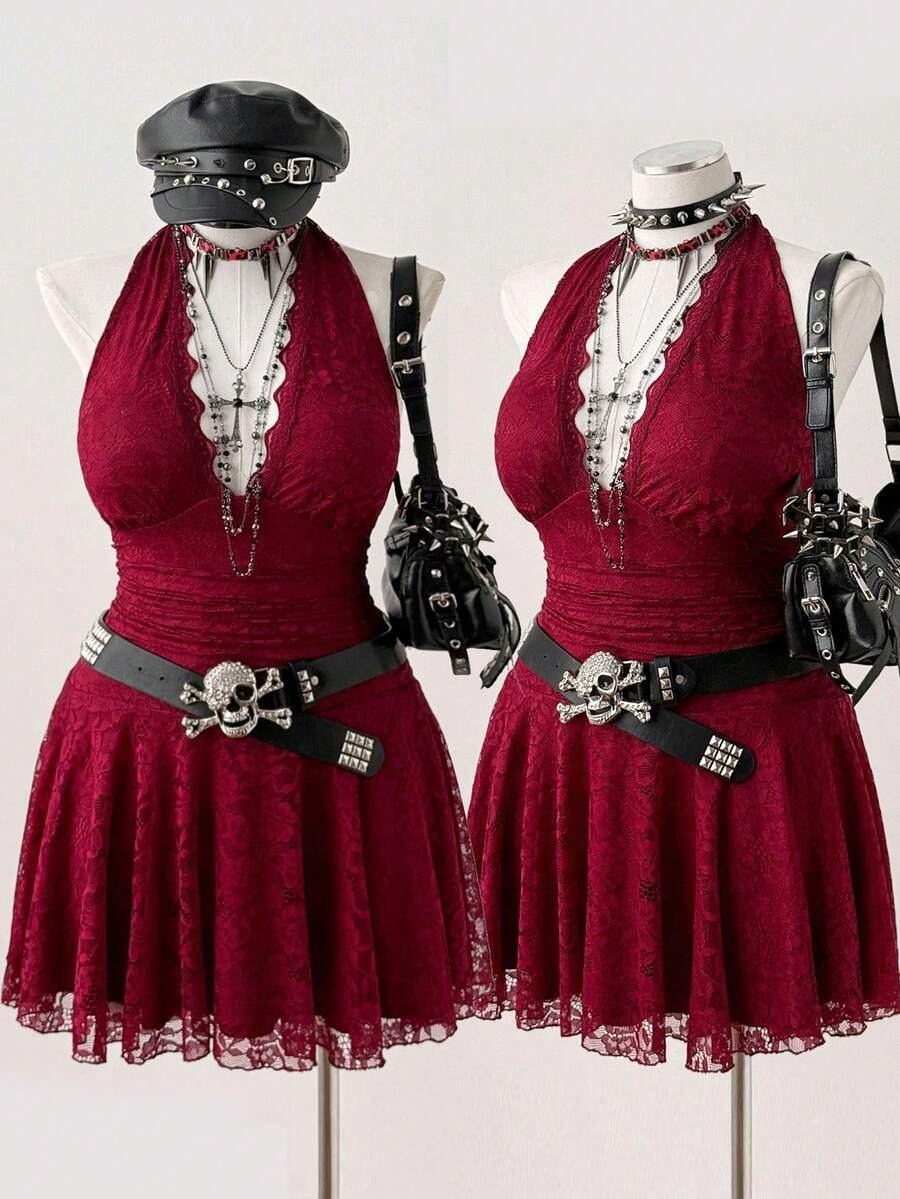 Sunspun Váy ren hở lưng màu đỏ tía gợi cảm và thanh lịch cỡ lớn dành cho nữ - Màu Đỏ Sâu - Xem 1