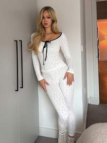 DAZY Polka Dot Contrast Trim Tie Top & Pants Fitted Women Pajama Set, Fall & Winter Clothes