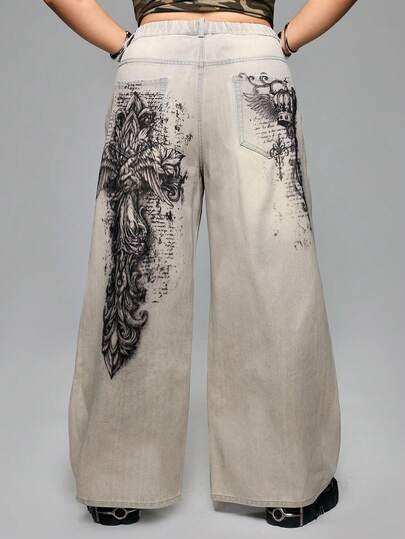 Grunge Punk Jeans de pierna ancha con estampado de cruz en lavado vintage para tallas grandes