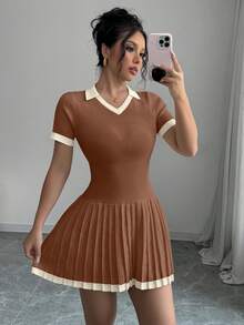 Elenzga Contrast Color V-Neck Casual Pleated Sweater Dress - Camel - View 5