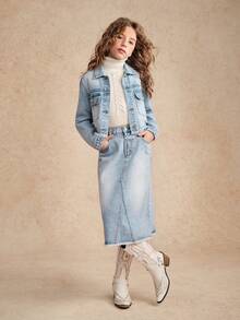 Ținută din două piese, din denim spălat vintage, cu imprimeu cu inimă și tiv cu franjuri, pentru fete preadolescente, versatilă pentru toate anotimpurile - Spălare ușoară - Vizualizare 3