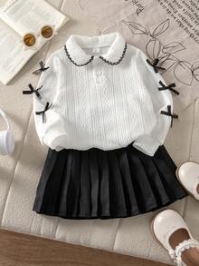 Genkimix Kids Young Girl Casual Daily Outfit With Bow Decor, Jacquard Fabric Peter Pan Collar Pullover And Pleated Skirt Set, Suitable For Spring And Autumn - Multicolor - View 6