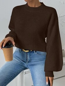 Chiquease Women's Coffee Color Round Neck Lantern Sleeve Wool Blend Sweater, Versatile Casual Everyday Wear - Coffee Brown - View 6