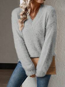 EMERY ROSE pull tricoté simple et polyvalent à col en V gris pour femmes