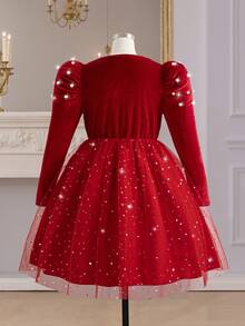 1pc Girls' Autumn New Velvet Fabric Round Neck Long Sleeve Ruched Gigot Sleeve Dress With Bow Waist And Sequin Hem, Red, Suitable For Christmas, Parties, Ceremonies - Red - View 2