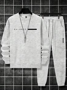 Manfinity Homme 男士休闲字母印花套头衫卫衣和运动裤两件套，春秋季休闲两件套，男士运动服套装，男士两件套运动服，男士慢跑套装 - 灰色 - 查看 4