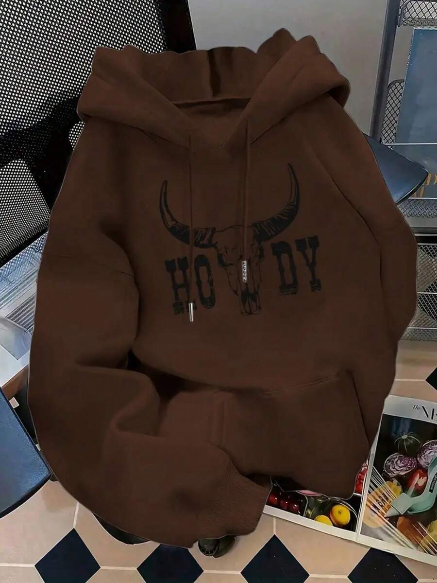 Sudadera casual holgada para mujer con capucha y manga larga, estampado de toro, ideal para otoño e invierno, reuniones y uso diario - Marrón - Ver 1