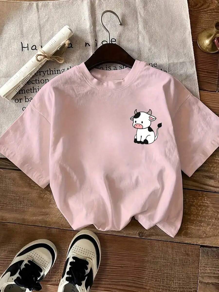 Camiseta casual de mujer estilo kawaii holgada estampado vaca cuello redondo manga corta primavera verano para uso diario - Rosa - Ver 1