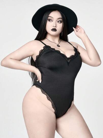 Goth بودي سوت مزين بالدانتيل مع حمالات رفيعة للنساء ذوات الحجم الكبير
