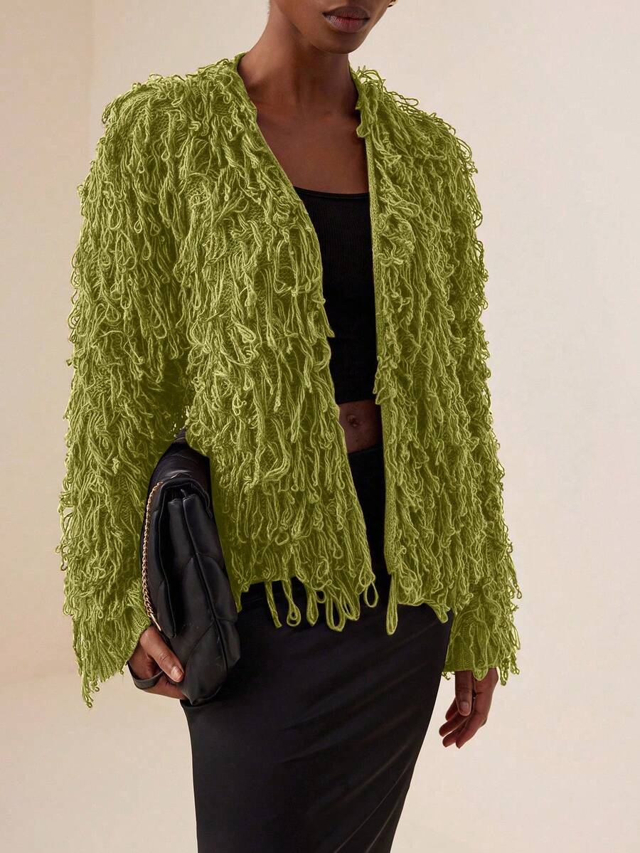 Vesra Solid Open Front Fuzzy Cardigan,Long Sleeve Tops Fall Winter Cloth For Women - Olive Green - View 1