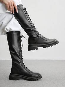 CUCCOO BIZCHIC ​​Lace-Up Knee-High Boots | Glossy Leather Finish | Adjustable Lacing System | Chunky Anti-Slip Sole | Urban Street Style Boots | 2 Pairs, Premium Faux Leather​​ - Black - View 3