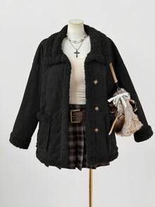 Sweetra 大码新款优雅鹿绒保暖双面长袖短外套，中长款，加厚，双面可穿，冬季款 - 黑色 - 查看 6