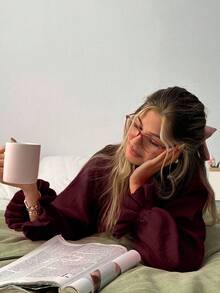 EURMUSE Oversized Soft-Touch Knit Sweater With Ruffled Cuff Sleeves And Crew Neck In Vibrant Pinky - Burgundy - View 5