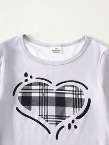 2pcs/Set Girls Plaid Print Heart Pattern Long Sleeve Top And Pants Snug Fit Casual Loungewear,Tween Girl Pajamas For Fall&Winter Clothings - Grey - View 3