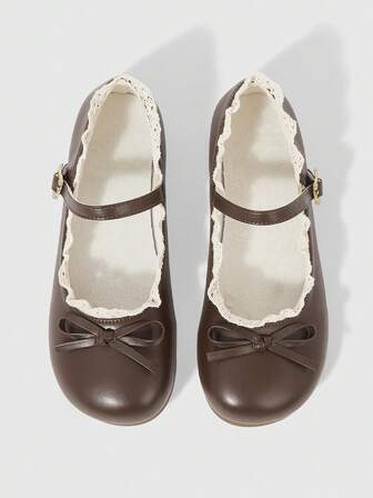 Kawaii Women's Brown Loafers, Closed Toe Mary Jane Shoes, Bow Lace Lolita Flats, Ballet Flats