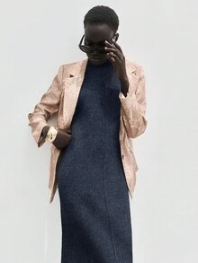 Lumivelle 女式海军蓝立领无袖简约百搭针织连衣裙 - 藏蓝色 - 查看 5