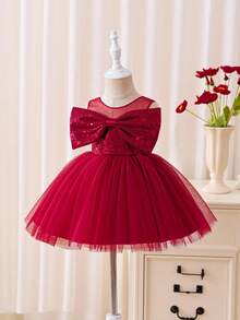 Glamorique Kids Baby Girls' Red Sequin Mesh Bow Decor High-End Satin Dress,Elegant Burgundy Summer Party Princess Dress For Christmas - Red - View 3