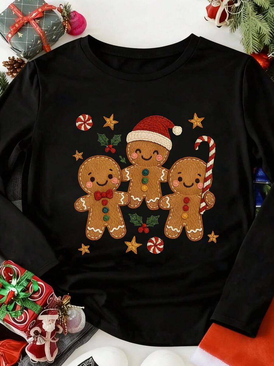 INAWLY 女式圆领圣诞主题印花长袖常规款运动衫 - 黑色 - 查看 1