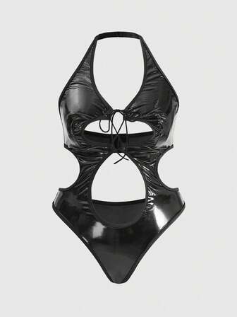 Grunge Punk بدلة داخلية من الجلد الاصطناعي بأربطة للمقاسات الكبيرة بطراز بانك داكن