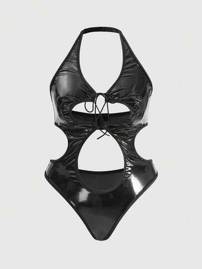 Grunge Punk بدلة داخلية من الجلد الاصطناعي بأربطة للمقاسات الكبيرة بطراز بانك داكن