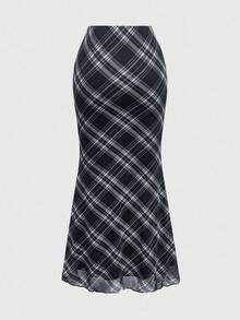 ROMWE Grunge Punk 2 件 Y2K 复古格纹抹胸和格纹低腰鱼尾裙套装 - 黑色 - 查看 4