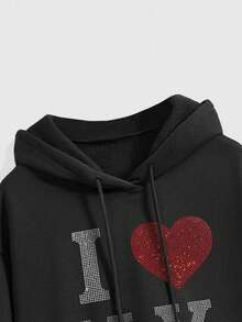 ROMWE Grunge Punk Cute Heart Slogan Rhinestone Embellished Loose Fit Black Printed Sweatshirt For Women, Autumn/Winter - Black - View 7